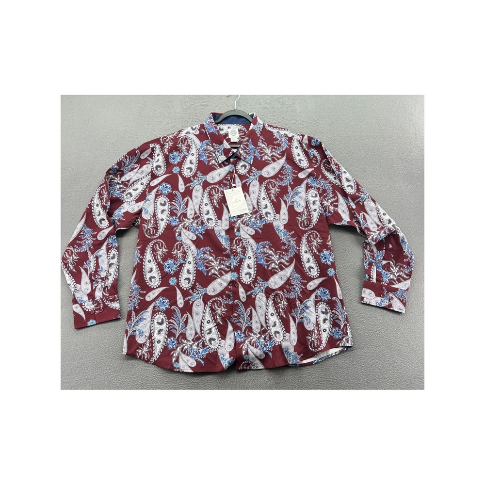 Kilburne & Finch Button Up Shirt Mens 5XL Burgundy Paisley Long Sleeve NWT
